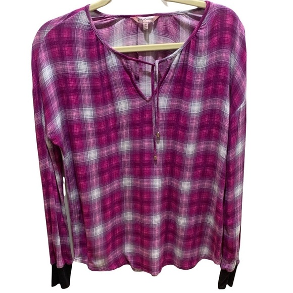 Juicy Couture Pink/White Plaid Boho Pullover Top Tie Neck Sz XS - Picture 1 of 8